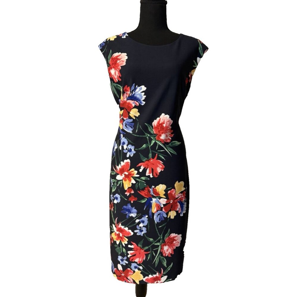 Vince Camuto Dress 14 Navy Blue Florals Stretch Sheath Washable NEW $148 - Picture 4 of 12